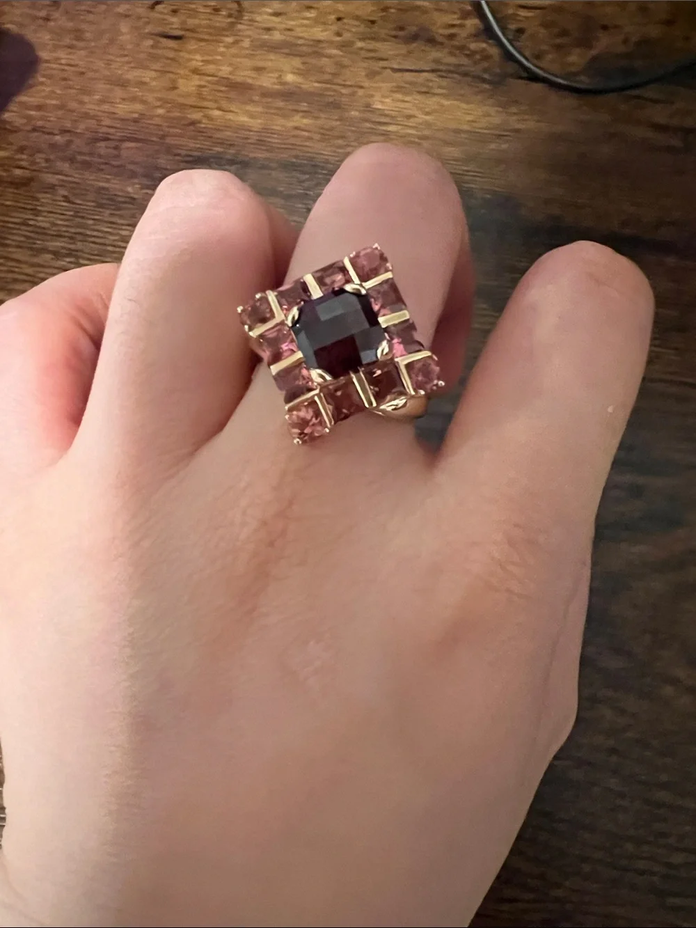 Vintage STS 10K Gold Garnet & Pink Tourmaline Statement Ring – Size 7 – 5.64g
